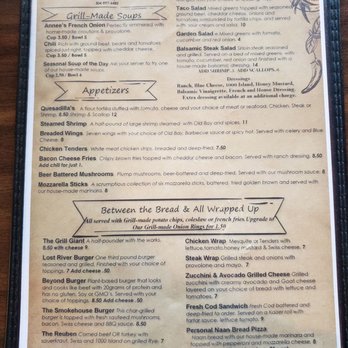 The Lost River Grill - Picture of their menu. - A menu from The Lost River Grill in Lost River, WV, listing salads, soups, appetizers, and bread options with prices and descriptions. - American Near Me - Lost River, West Virginia
