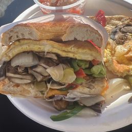 Veggie omelette on the jalapeños bagel. Veggie omelette on the jalapeños bagel.