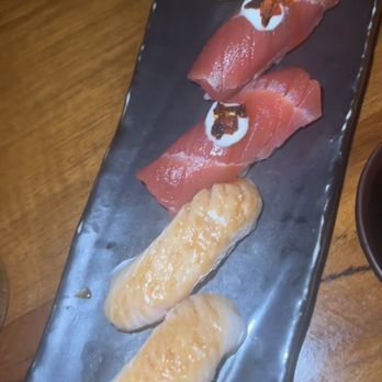 Komodo Miami - from left to right, Nigiri: HAMACHI* yellowtail, MAGURO SPECIAL* chili cream, and YELLOWTAIL* salsa verde, cilantro - Asian Fusion Near Me - Miami, Florida
