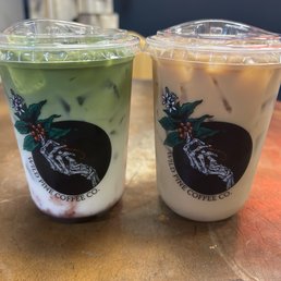 My blueberry cobbler matcha and my hubbies latte