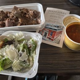 Roast Beef Slices with thick gravy, salad, and vegetable soup that I did not order (ordered mashed potatoes and gravy) Roast Beef Slices with thick gravy, salad, and vegetable soup that I did not order (ordered mashed potatoes and gravy)