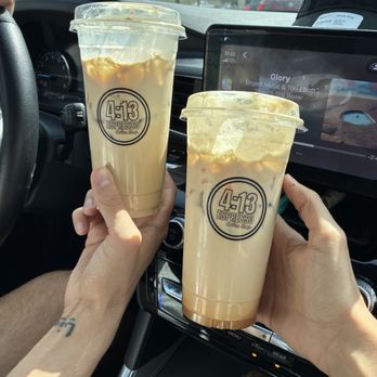 4:13 espresso coffee shop - On the right is Emerald Breve and the Right is Dulce de leche latte - Coffee & Tea Near Me - San Antonio, Texas 4:13 espresso coffee shop - On the right is Emerald Breve and the Right is Dulce de leche latte - Coffee & Tea Near Me - San Antonio, Texas