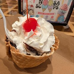 Hot fudge sundae single scoop in waffle bowl