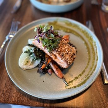 The Restaurant At Caples Lake - Crusted salmon. Moist and the crust and micro greens were very good with the charred vegis. I really liked this and would order again. - Salad Near Me - Kirkwood, California The Restaurant At Caples Lake - Crusted salmon. Moist and the crust and micro greens were very good with the charred vegis. I really liked this and would order again. - Salad Near Me - Kirkwood, California