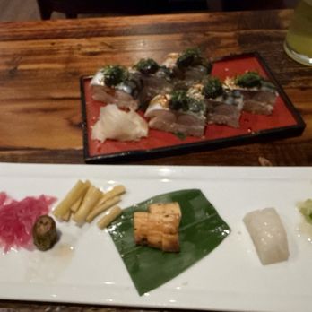 Iyasaka - assorted pickles and pressed mackerel nigiri - Japanese Near Me - Costa Mesa, California