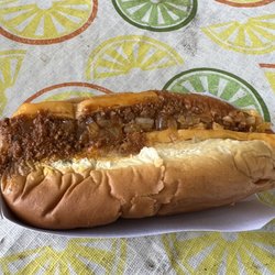 The Hoagie Shop - Chili, smoked cheddar cheese hot dog, raw onions & mustard.  Hot dogs are boiled and pretty good.