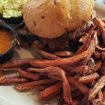 Train Wreck Bar - Brisket sandwich with oily limp sweet potato fries. - Sports Bars Near Me - Burlington, Washington Train Wreck Bar - Brisket sandwich with oily limp sweet potato fries. - Sports Bars Near Me - Burlington, Washington
