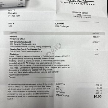 Dream Tint - The invoice of the tint being removed and redone. - Car Window Tinting Near Me - Anaheim, California Dream Tint - The invoice of the tint being removed and redone. - Car Window Tinting Near Me - Anaheim, California