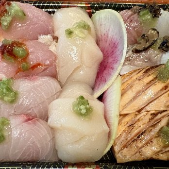 Asaka Sushi - Aburi Salmon (bottom right), Kurodai (top right), Hotate (middle), Kampachi (top left), Bincho - Sushi Bars Near Me - Centennial, Colorado Asaka Sushi - Aburi Salmon (bottom right), Kurodai (top right), Hotate (middle), Kampachi (top left), Bincho - Sushi Bars Near Me - Centennial, Colorado