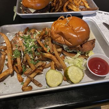 Dire Wolf Tavern - Salem Hot Crispy Chicken Sandwich with truffle fries - Sushi Bars Near Me - Salem, Massachusetts