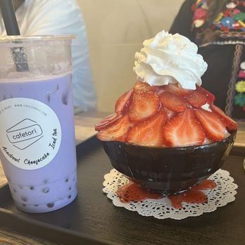 Cafe Tori - Taro milk tea with popping boba and strawberry Bingsu. We've also had the mango Bingsu before. - Desserts Near Me - Bakersfield, California