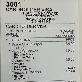 Tea Villa - Receipt - Bubble Tea Near Me - Hayward, California Tea Villa - Receipt - Bubble Tea Near Me - Hayward, California