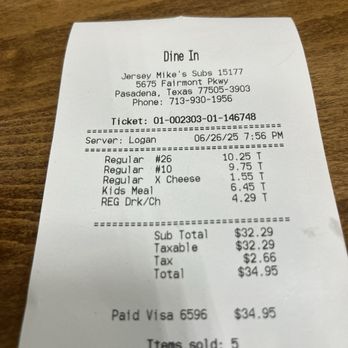 Jersey Mike's Subs - The receipt - Fast Food Near Me - Pasadena, Texas Jersey Mike's Subs - The receipt - Fast Food Near Me - Pasadena, Texas