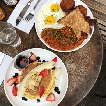 Five Leaves - Top: Big Breakkie ($16) & Bottom: Ricotta Pancakes ($16) - New American Near Me - Brooklyn, New York Five Leaves - Top: Big Breakkie ($16) & Bottom: Ricotta Pancakes ($16) - New American Near Me - Brooklyn, New York