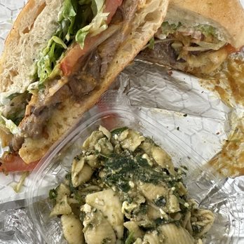 Mendocino Farms - Peruvian steak sandwich & basil pesto shells - Salad Near Me - Long Beach, California Mendocino Farms - Peruvian steak sandwich & basil pesto shells - Salad Near Me - Long Beach, California