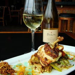 Prairie River - Pan Seared Airline Chicken: Apple Pucker Syrup Swiss Chard Beer Braised baby Carrots Savory Boursin Waffle Bacon Mousse