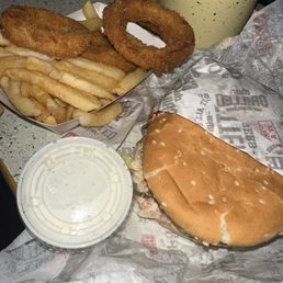Double Char with Cheese , Onion Rings & Fries, 1 side of ranch Double Char with Cheese , Onion Rings & Fries, 1 side of ranch