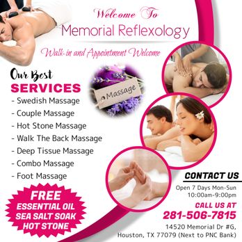 Memorial Reflexology Massage - Walk-in & Appointment Welcome - Massage Near Me - Houston, Texas Memorial Reflexology Massage - Walk-in & Appointment Welcome - Massage Near Me - Houston, Texas