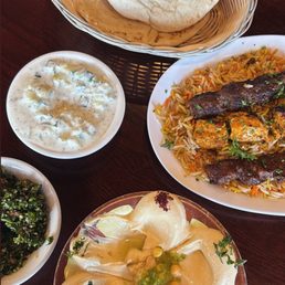 Hummus, Mixed Grilled Platter, Tabouleh, Creamy Cucumber Salad