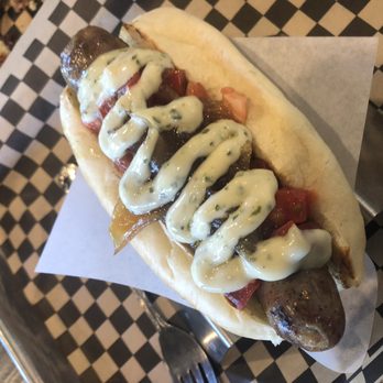 Bangers & Brews Eugene - Black pepper garlic sausage with caramelized onions, red peppers, and chimi mayo - German Near Me - Eugene, Oregon