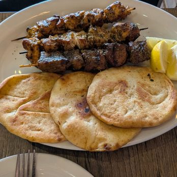 Petra Greek - 3 souvlaki (2 chicken, 1 pork).  Flavorful meat and fresh bread.  Good deal for 10 bucks. - Greek Near Me - Sacramento, California
