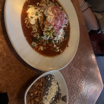 Elote Cafe - Brisket enchiladas with rice and beans - Bars Near Me - Sedona, Arizona