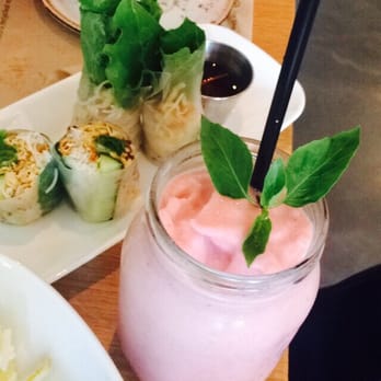 Chau Cafe - Namahata Rolls and a refreshing Strawberry smoothie with lychee and creamy coconut - Vietnamese Near Me - Vancouver, British Columbia