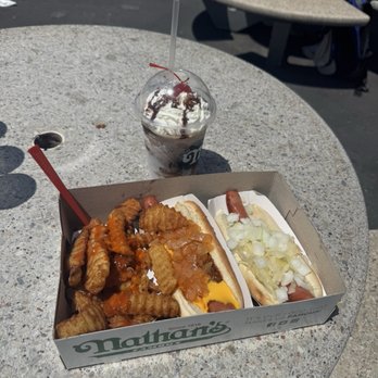 Nathan's Famous - Ghiradelli Chocolate Milkeshake, Chili Cheese Dog, Hot Dog (with onions and sauerkraut), Fries - Hot Dogs Near Me - Brooklyn, New York Nathan's Famous - Ghiradelli Chocolate Milkeshake, Chili Cheese Dog, Hot Dog (with onions and sauerkraut), Fries - Hot Dogs Near Me - Brooklyn, New York