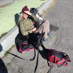 Waiting for our ride on the street in front of their shop.  Traveling with a big dog is difficult.