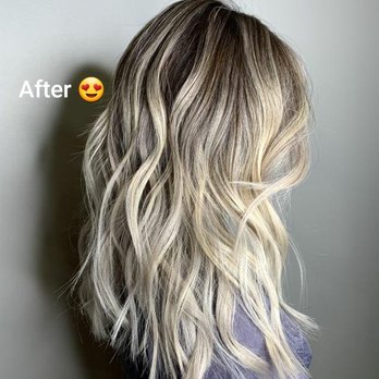 Salon Per Se - After. Still very healthy, high-level cool toned blonde. The color transitions are seamless! - Hair Salons Near Me - Houston, Texas