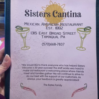 Sisters Cantina - 3/11/23 front of menu- 30 years in biz! - Mexican Near Me - Tamaqua, Pennsylvania Sisters Cantina - 3/11/23 front of menu- 30 years in biz! - Mexican Near Me - Tamaqua, Pennsylvania