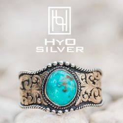 Hyo Silver - Turquoise Cuff Bracelet with a twisted rope and beaded edge, western inspired yellow gold scrolls and a vintage black jewelers antique.