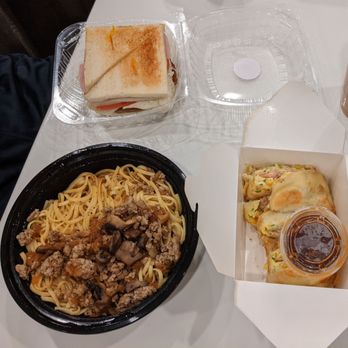 Cafe Mei - Toasted Signature Pork Sandwich (top), Black Pepper Noodle (bottom left), Egg Crepe with Corn, Tuna, and Bacon (bottom right) - Breakfast & Brunch Near Me - Fremont, California Cafe Mei - Toasted Signature Pork Sandwich (top), Black Pepper Noodle (bottom left), Egg Crepe with Corn, Tuna, and Bacon (bottom right) - Breakfast & Brunch Near Me - Fremont, California