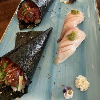 The Encore Sushi - Bluefin Tuna Hand Roll and Hamachi Nigiri - Sushi Bars Near Me - Solana Beach, California The Encore Sushi - Bluefin Tuna Hand Roll and Hamachi Nigiri - Sushi Bars Near Me - Solana Beach, California