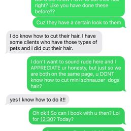 Our conversation about him knowing how to groom schnauzers.