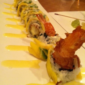 Blue Fish - The Hawaiian Roll,  a special of the day. Very good! Tempura Shrimp, Cream Cheese and Mangos. - Japanese Near Me - Ocean City, Maryland