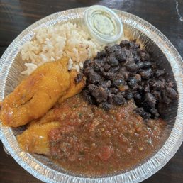 Veggie bowl with coconut rice, ginger lime black beans, plantains, salsa, and lime crema Veggie bowl with coconut rice, ginger lime black beans, plantains, salsa, and lime crema