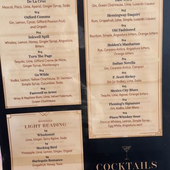 Inkwell Tavern - Cocktail menu. - Cocktail Bars Near Me - Burbank, California