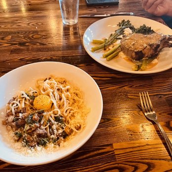 Mason Bar & Kitchen - Carbonara (foreground) and the Kurobuta Porkchop - Bars Near Me - Arroyo Grande, California Mason Bar & Kitchen - Carbonara (foreground) and the Kurobuta Porkchop - Bars Near Me - Arroyo Grande, California