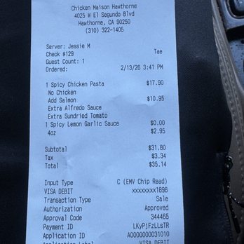 Chicken Maison - Receipt that shows extra charges and requests that weren't followed - Mediterranean Near Me - Hawthorne, California Chicken Maison - Receipt that shows extra charges and requests that weren't followed - Mediterranean Near Me - Hawthorne, California