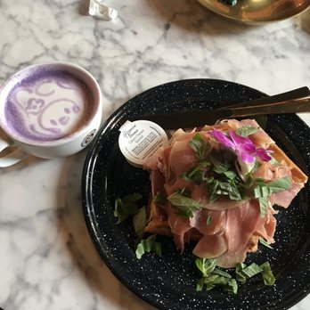 Moore Coffee Shop - Taro purple tea latte and Prosciutto Waffle - Coffee & Tea Near Me - Seattle, Washington