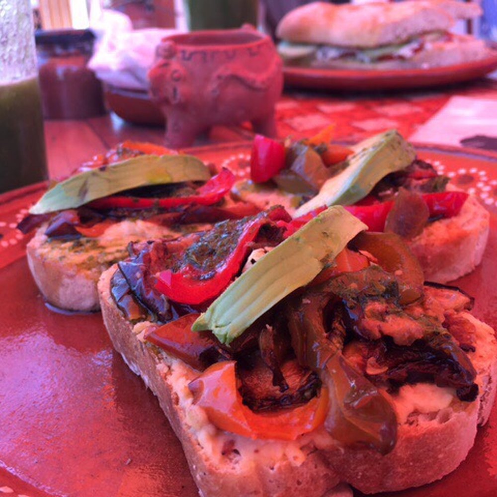 Amaranto - Hummus with veggies on ciabatta. - Cafeteria Near Me - Holbox, ROO Amaranto - Hummus with veggies on ciabatta. - Cafeteria Near Me - Holbox, ROO