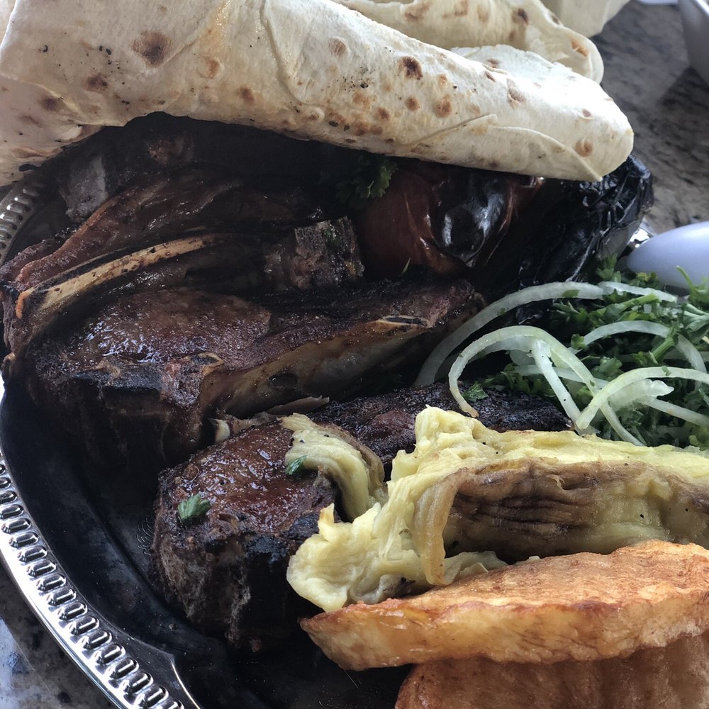 Hamlet's Kitchen - Lamb kebab with potatoes, onions, eggplant and tomato from the grill. - Middle Eastern Near Me - Glendale, California