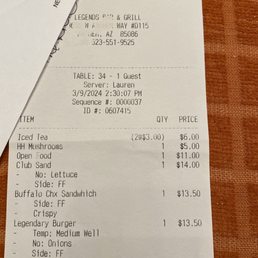 Legends Bar & Grill. Part of receipt covered that shows credit card detail and his new name we use when referring to owner. Legends Bar & Grill. Part of receipt covered that shows credit card detail and his new name we use when referring to owner.