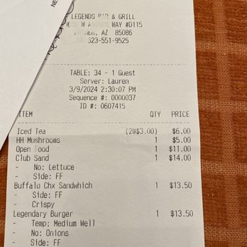 Legends Bar & Grill - Legends Bar & Grill. Part of receipt covered that shows credit card detail and his new name we use when referring to owner. - American Near Me - Phoenix, Arizona