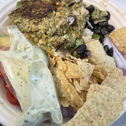 Mexican Warm bowl with half romaine half rice & falafel