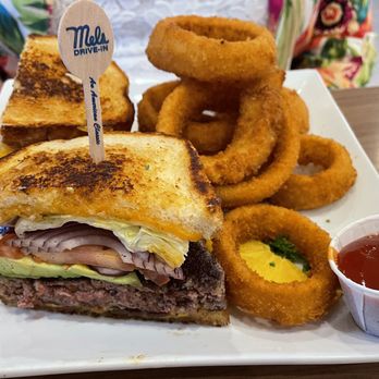 Mel's Drive-In - Sunset Burger ($24) with onion rings (+$3). - Diners Near Me - Santa Monica, California