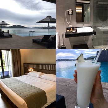 Two Seasons Coron Bayside Hotel - Clockwise: Infinity pool, bathroom, happy hour (BOGO afternoon at 1pm to evening), and king-size accommodations - Resorts Near Me - Coron, PLW