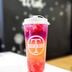 T ON ICE - Summer Sunset - fresh squeezed lemonade, blue butterfly tea, lychee jelly, strawberry popping boba and strawberry bits