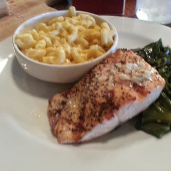 Red Rock Steakhouse & Bar - Grilled salmon with mac and cheese and collard greens....greens like Granddaddy used to make. - Bars Near Me - Red Rock, Texas